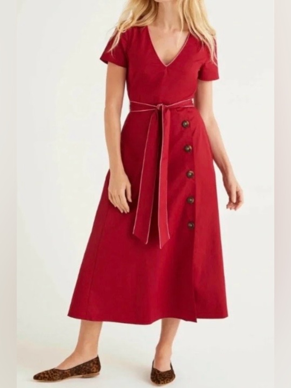 Boden Red V-Neck Midi Dress with Side Buttons and Tie Waist size 6 L Y2K boho